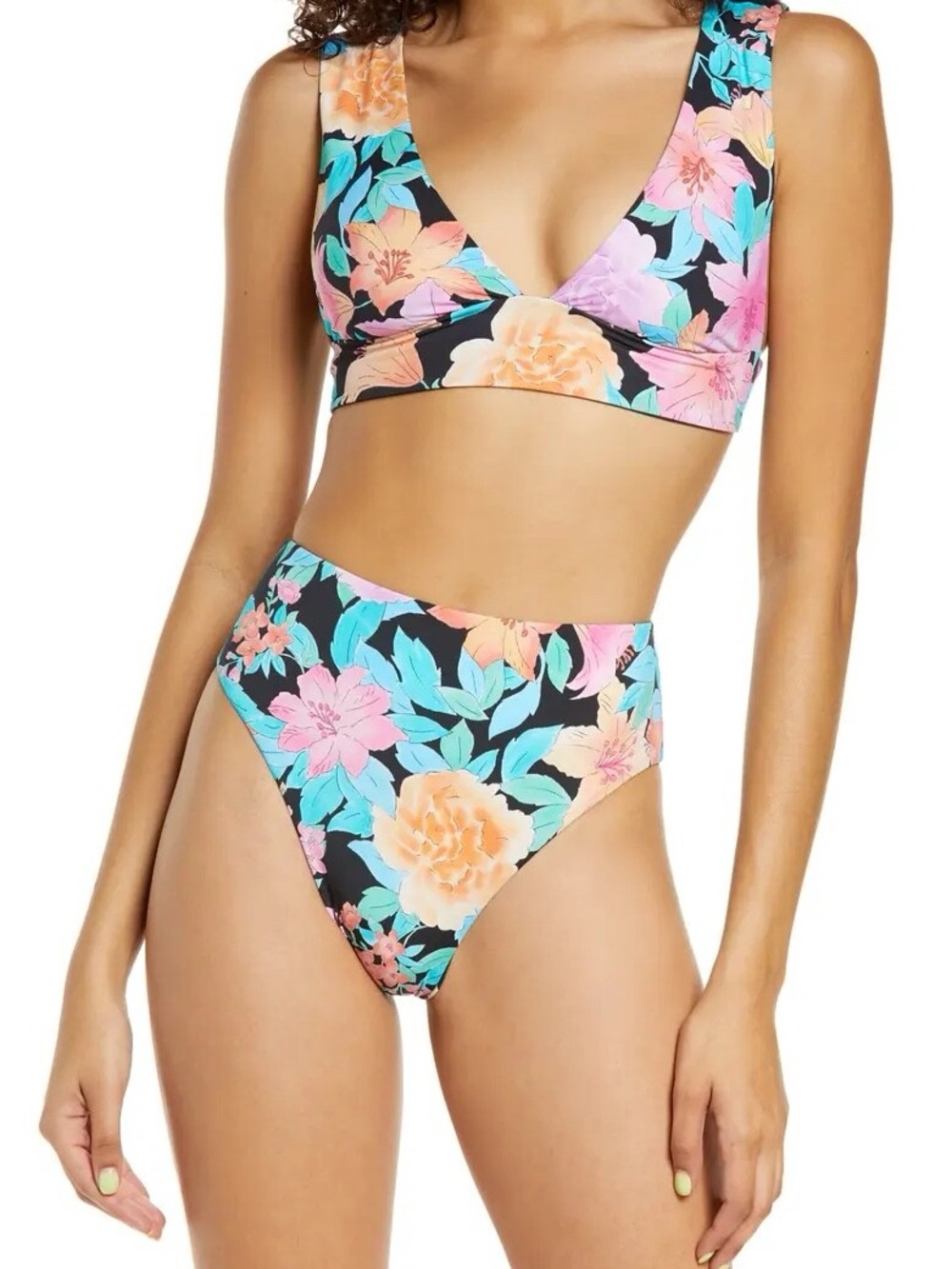 Billabong Black Floral High-Waist Bikini with Peach and Teal Flowers